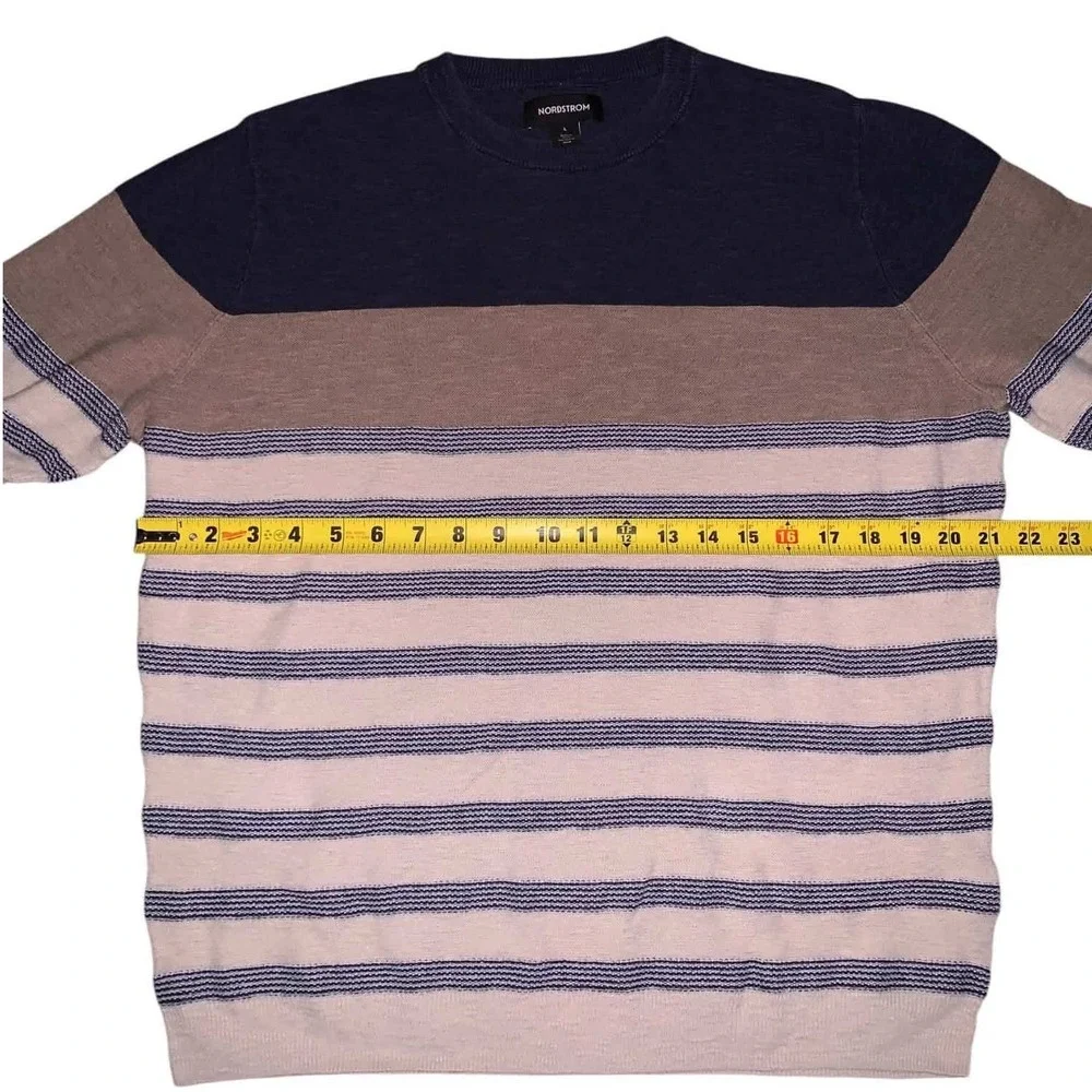 Nordstrom Sweater Mens Large Blue Tan Stripe Cotton Linen Crewneck Coastal Prep